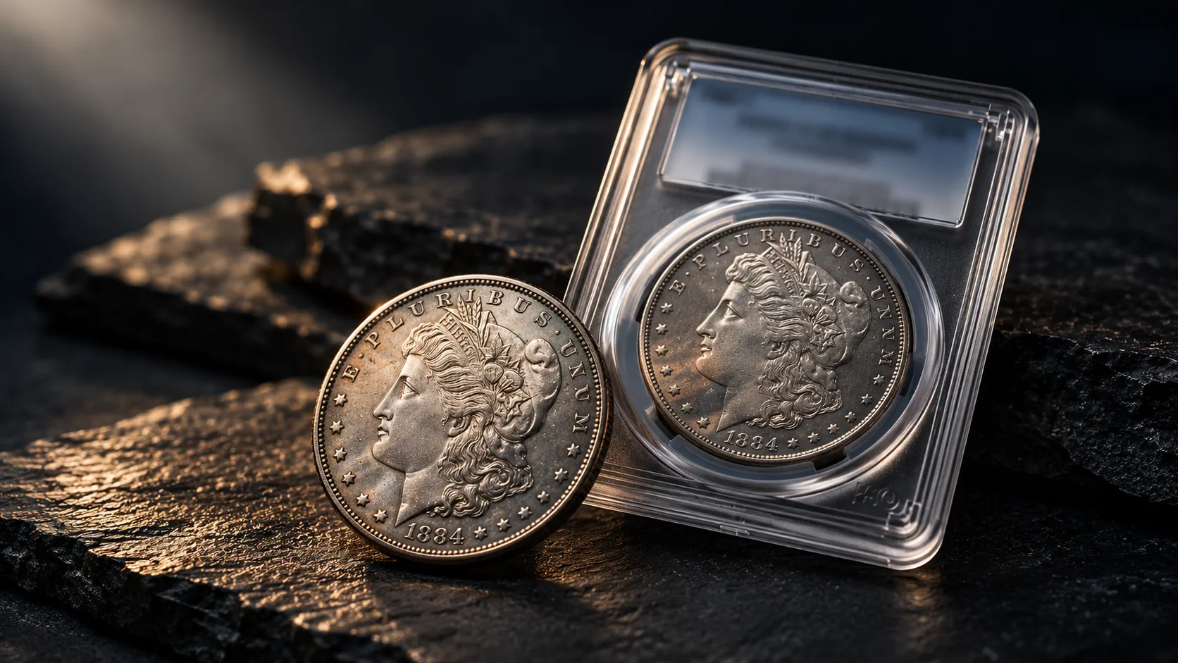 Illustrative editorial coin artwork, not the actual eBay item: Morgan silver dollars