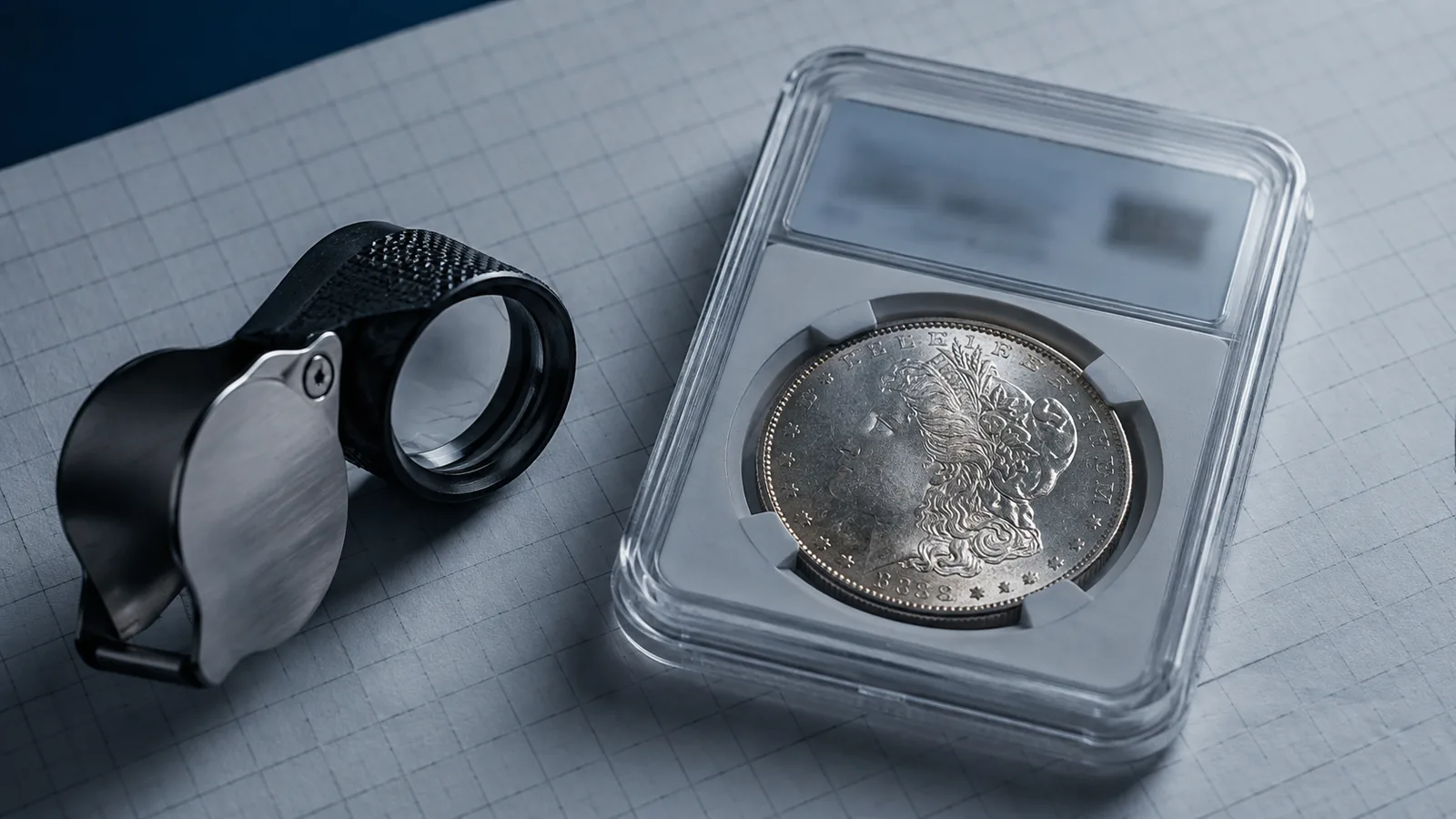 Loupe and certified coin arranged for grading study