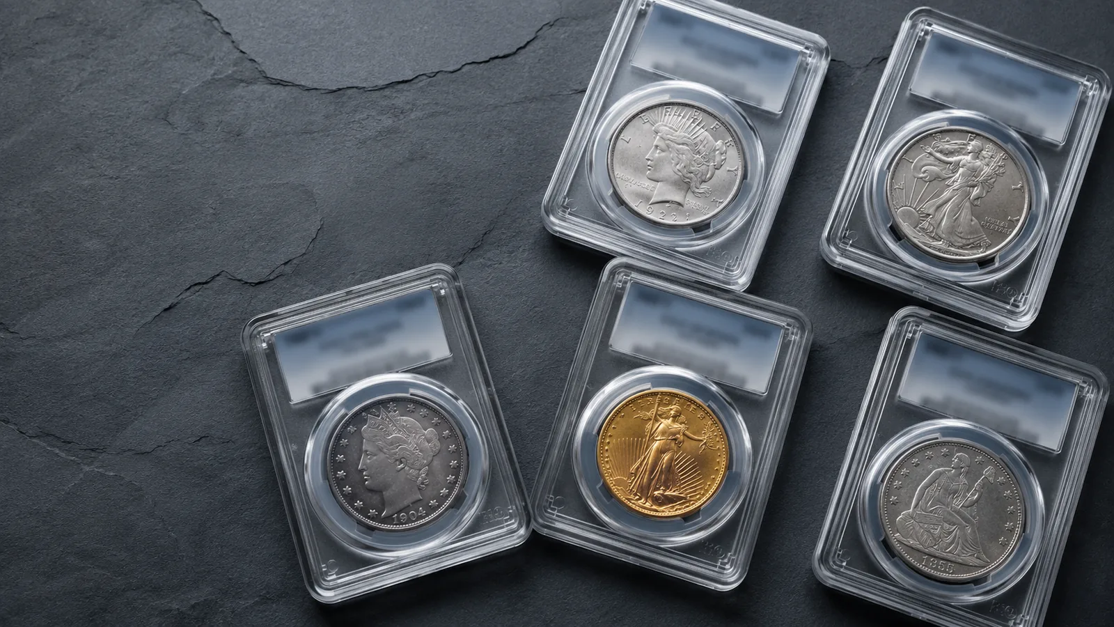 Multiple certified coin holders on slate surface